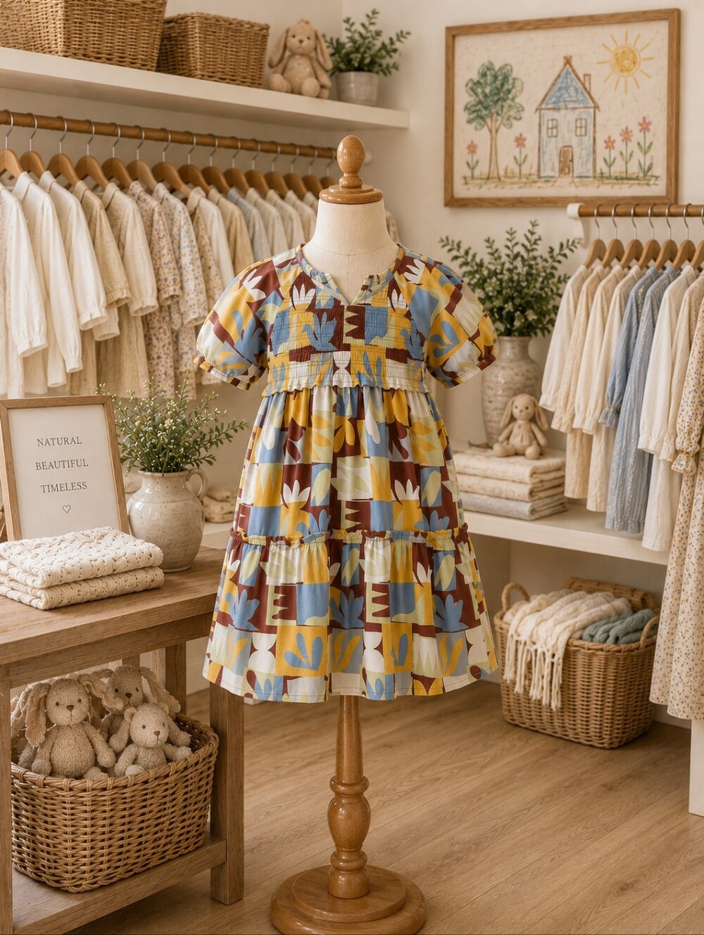 Cotton On Girls' Patchwork Floral Tiered Dress in Blue, Mustard & Brown